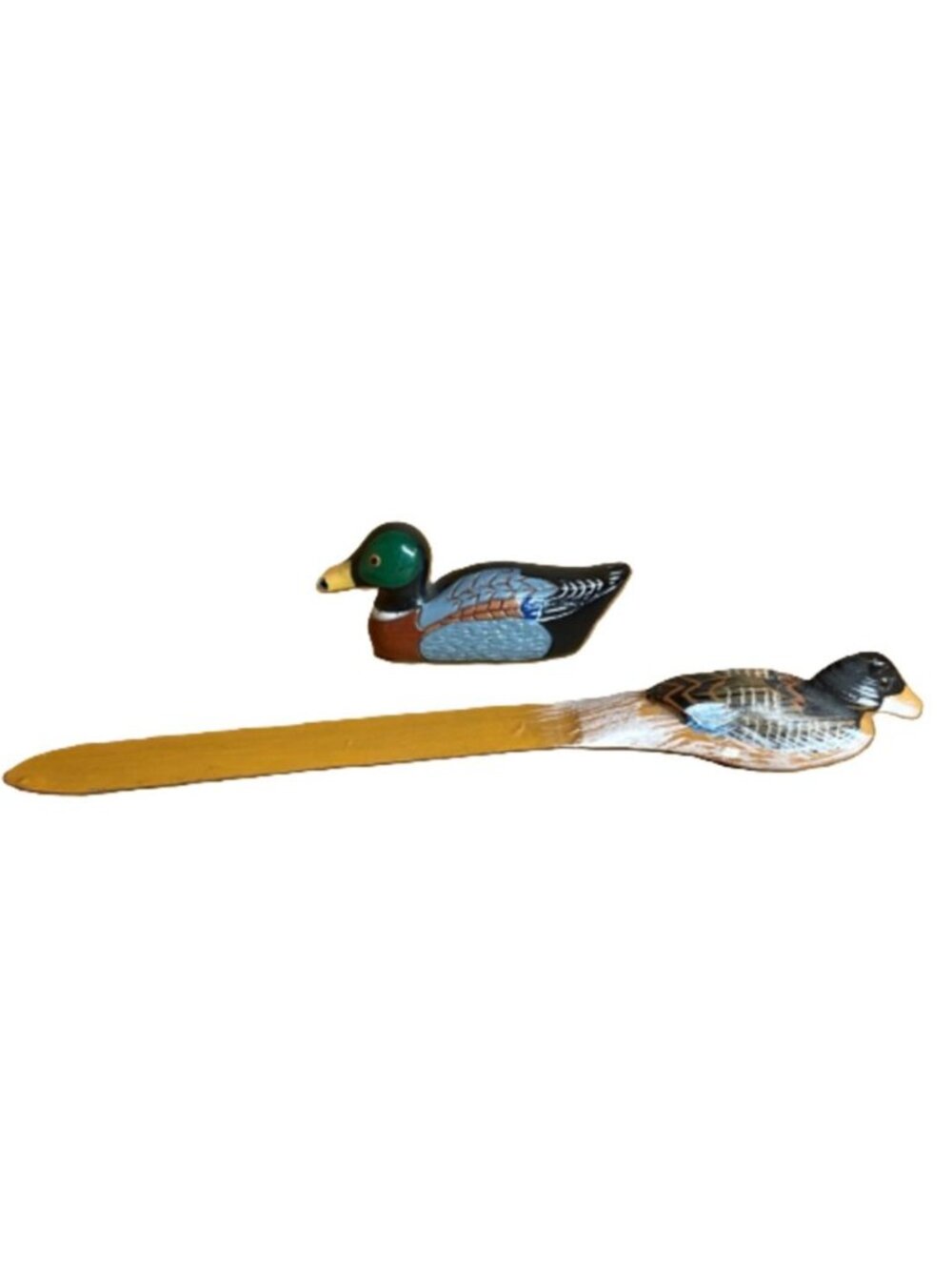 Vintage Hand-Painted Wooden Mallard Duck Letter Opener Office Set and Resin Duck